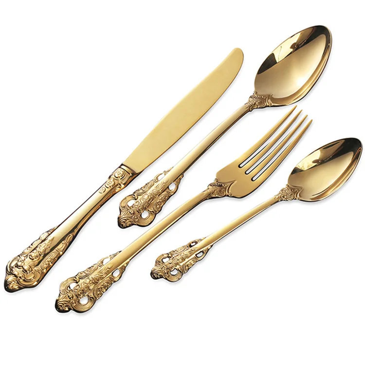 

Eco-friendly Baroque style modern royal wedding flatware gold-plated stainless steel gold cutlery set