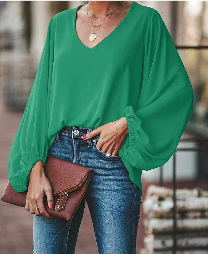 

Plus Size Spring New Long Lantern Sleeve Loose Multicolor Solid Color T-shirt, Picture showed