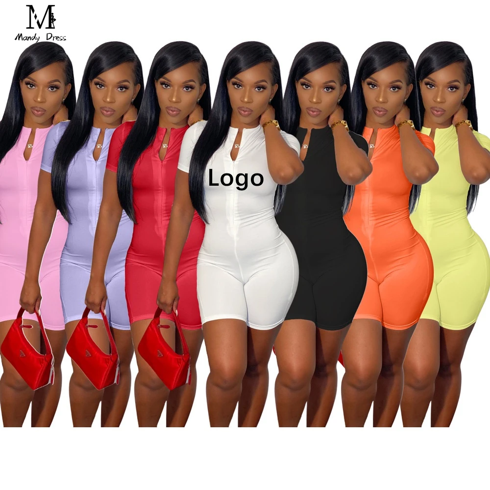 

2022 Lady Workout One Piece Rompers Short Sleeve Solid Color Summer Women Bodycon Shorts Jumpsuits, Picture