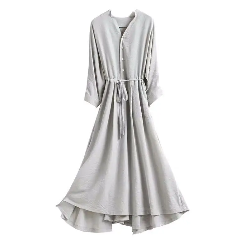 

Lady Bodycon Slim Belt Pleated V Neck OL Elegant Midi Long Sleeve Chiffon Casual Button Down Bandage Dress, Grey black