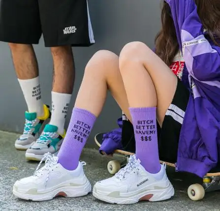 

pair of personality cotton round neck socks male letter cool hip hop Harajuku skateboard spring and autumn long couple socks