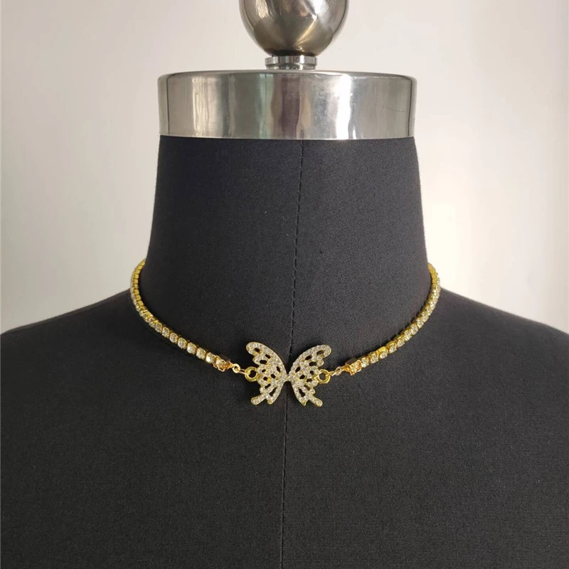 

Chic Shininy Gold Diamond Tennis Chain Butterfly Choker Necklace Crystal Rhinestone Butterfly Collar Necklace, Picture shows