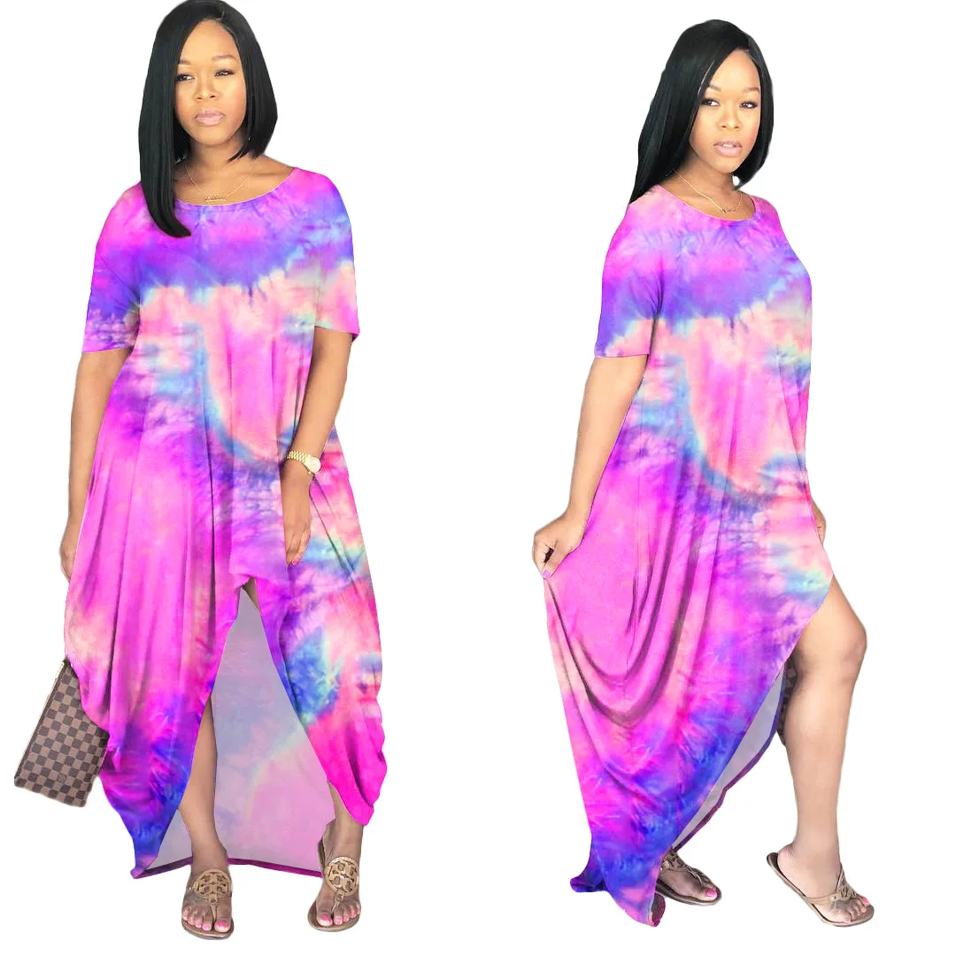 

Short Sleeves Multicolor Tie Dyed Multicolor Round Neck Loose Skirt, Customized color