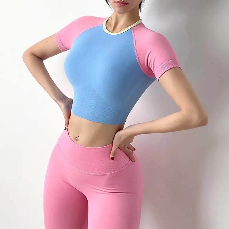 

2-Pieces Candy Color Short-sleeved Shirt and Leggings Gym Fitness Set