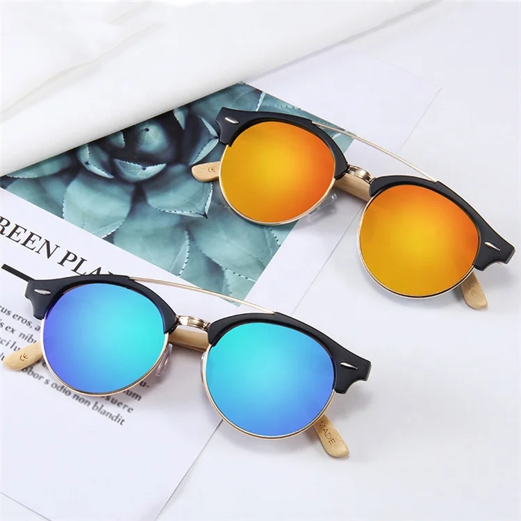 

Nature bamboo wooden shades retro round metal half frame sun glasses outdoor sport popular bamboo legs polarized sunglasses, Mix color or custom colors