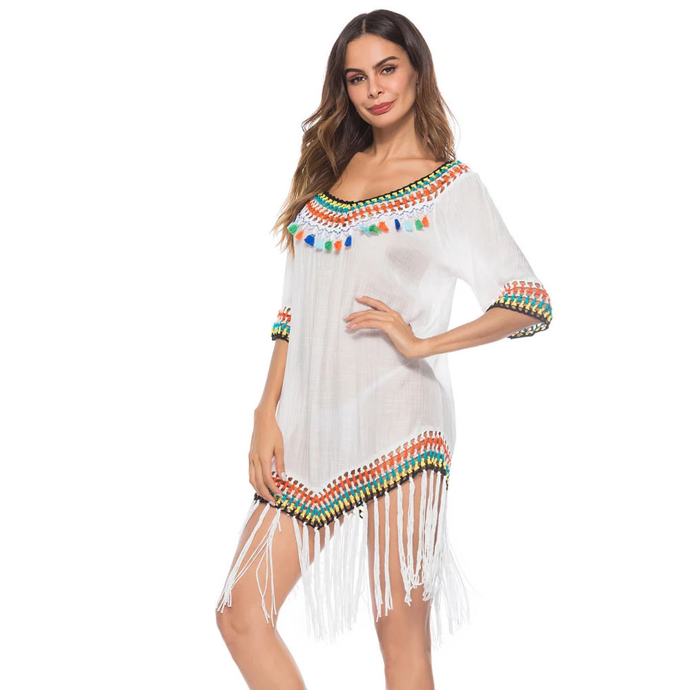 

2022 New Style Rainbow Color Fringed V-neck Beach Blouse Hand Hook Hollow Beach Swimsuit Bikini Swimwear Cover Up, White, black, apricot