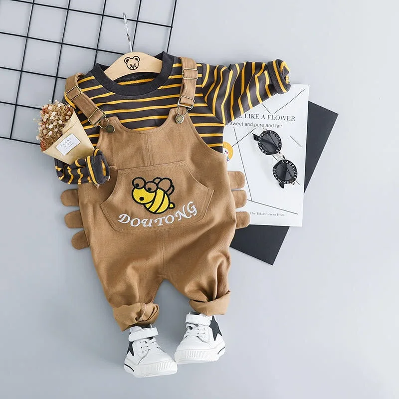 

New arrival spring autumn casual honeybee printing kids 2 Pieces Clothing Set long sleeves T shirt + suspender trousers for kids, Picture shows