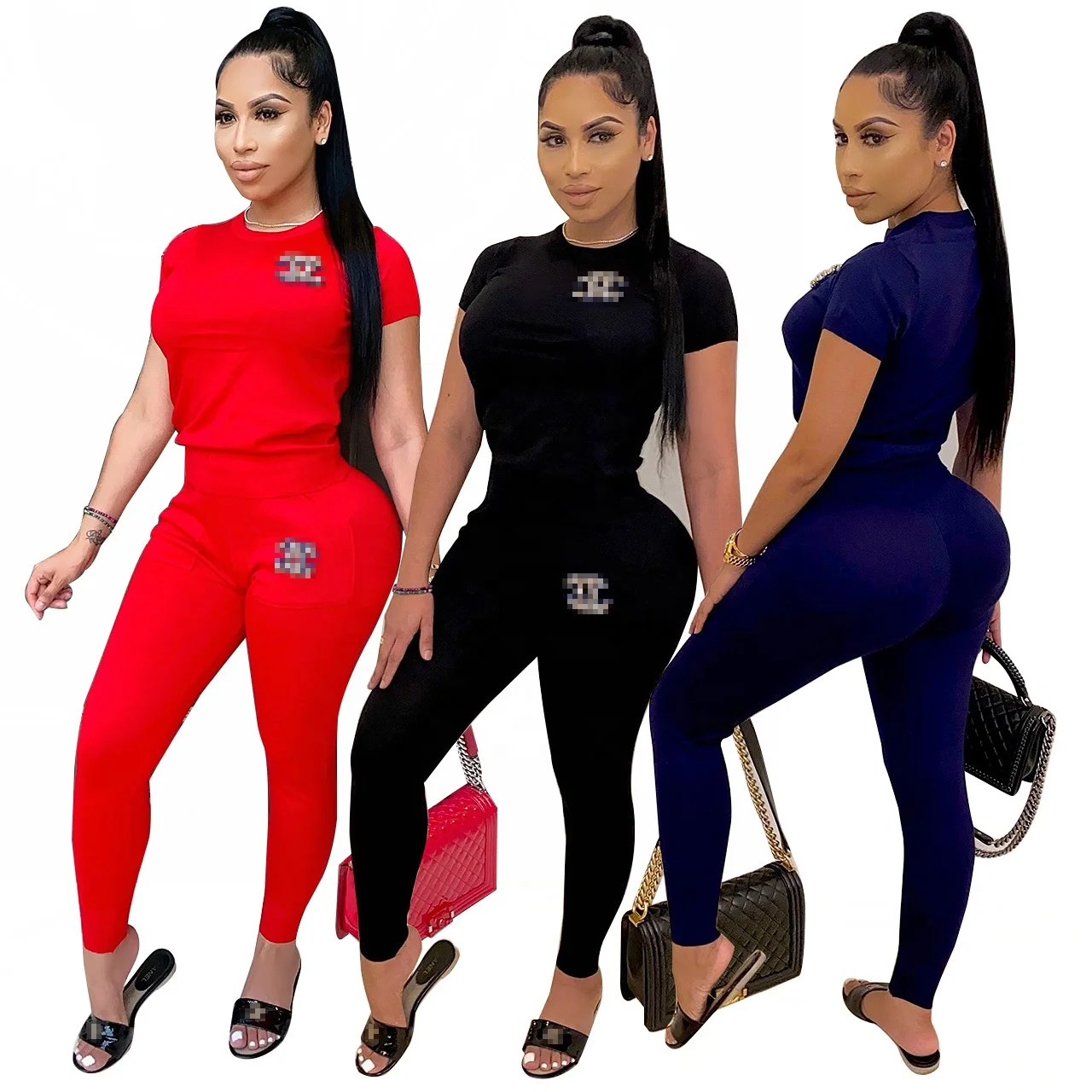 

TL0153 Fashion selling two piece pants set solid color women two piece set short sleeve casual sports plus size 2 piece sets
