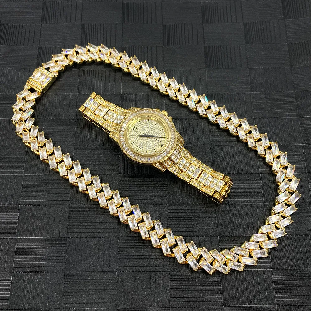 

FOXI jewelry men 18k gold plated diamonds iced out watch baguette diamond chain necklace set
