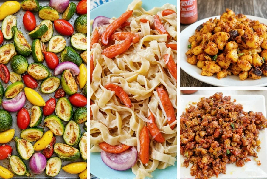 Various dishes enhanced with Cholula Chili Garlic including roasted vegetables, pasta, and grilled chicken