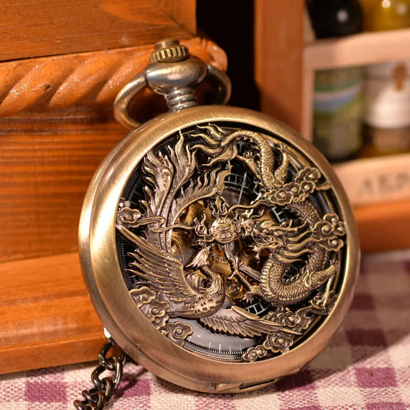 

Mechanical Pocket Watch Dragon Play Ball Steampunk Skeleton Hand-wind Flip Clock Fob Watch With Chain For Men Women(KWT2216), As the picture