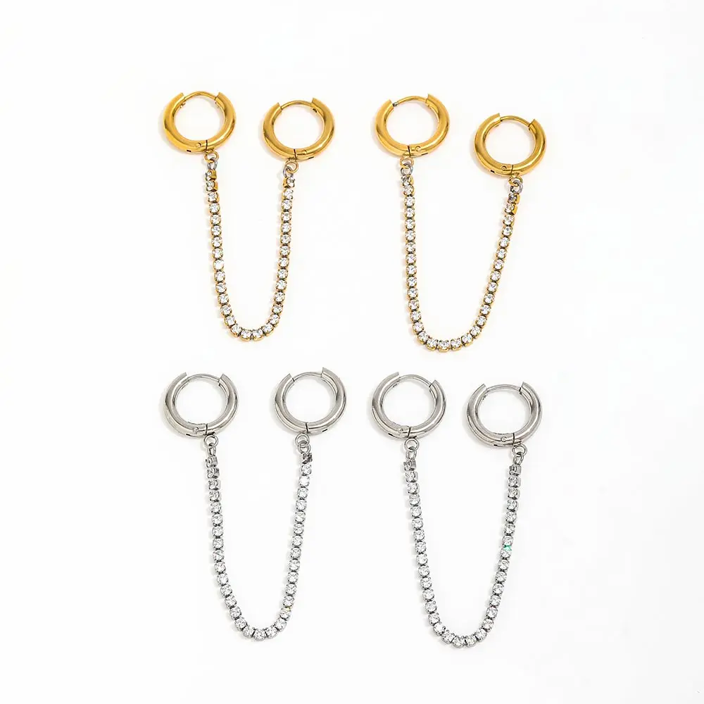 JOOLIM  High End 18K Gold Plated Zirconia Pave Chain Tassel Double Stainless Steel  Huggie Earrings Gold Jewelry 2022