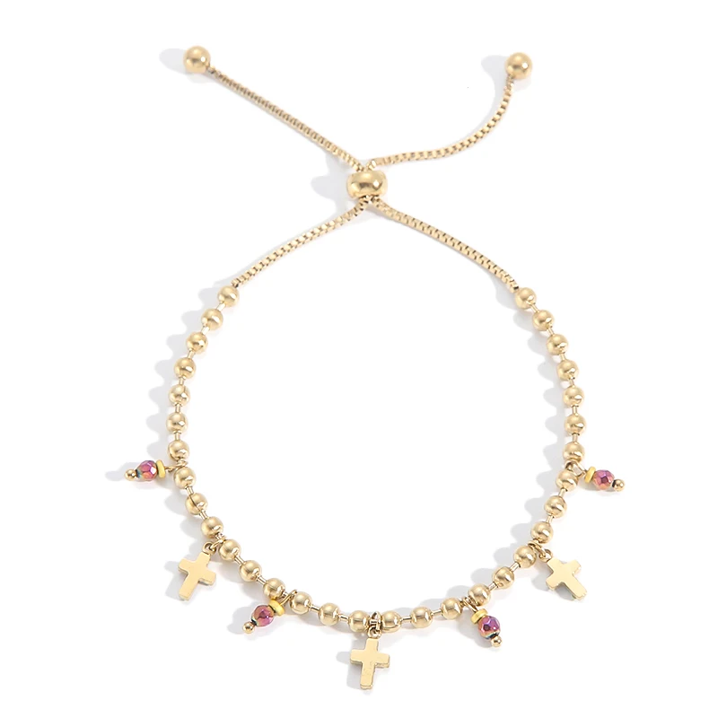 

2021 Hot Selling 14K Gold Plated Stainless Steel Bead Chain Crystal Cross Christian Bracelet For Women