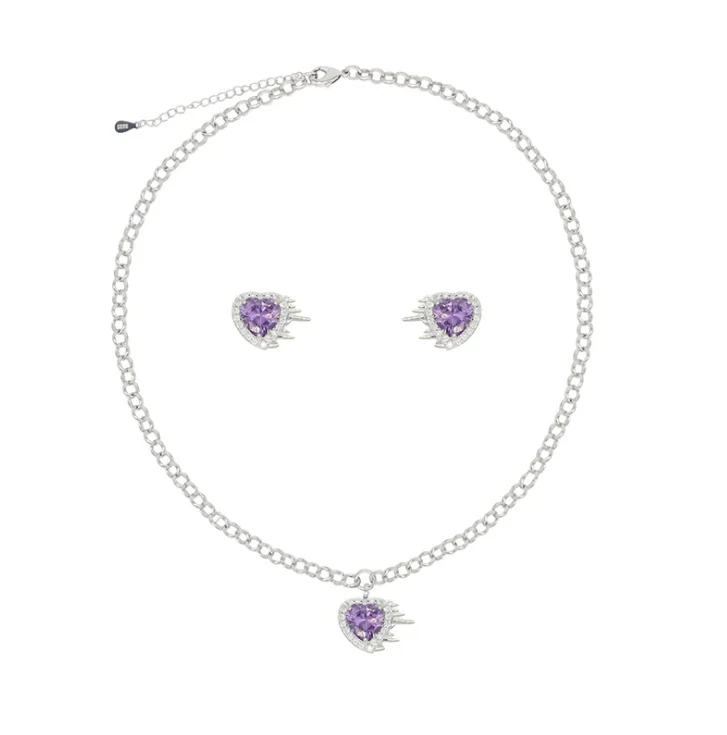 

High quality Purple heart zircon earrings ring design alloy crystal necklace