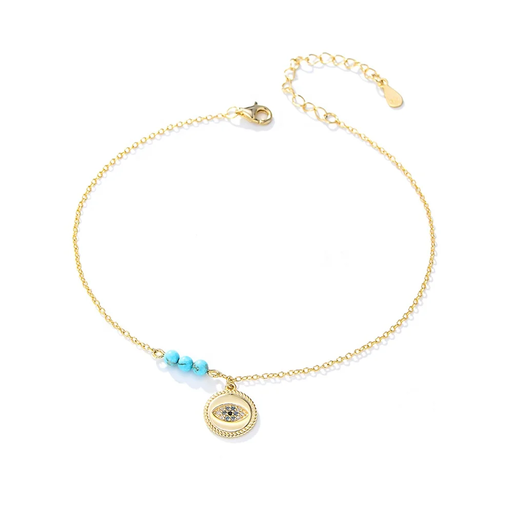 

INS fine jewelry 14k 18K Gold Plated Bohemia beach Turquoise Beaded Anklet 925 Sterling Silver Devil's Eye Anklets for Women