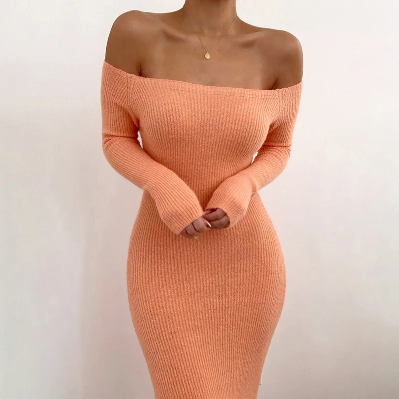 

2020 new arrival Women Long sleeve off shoulder Fashion Elegant bodycon knit Ladies sweaters casual dresses