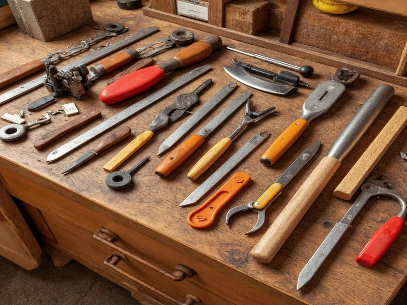 Collection of basic hand tools on wooden workbench