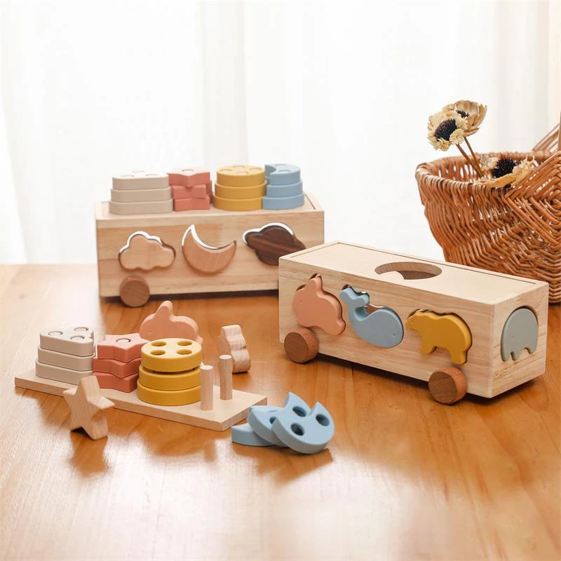 

Baby Educational Learning Toy Montessori Car Stacking Toy Multifunctional Pairing Intelligence Car Wooden Cognitive Toy