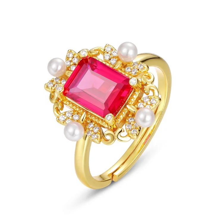 

Light Luxury European And American Gold Plated Square Red Corundum Ring Classical 925 Silver Jewelry White Shell Pearl Cz Ring