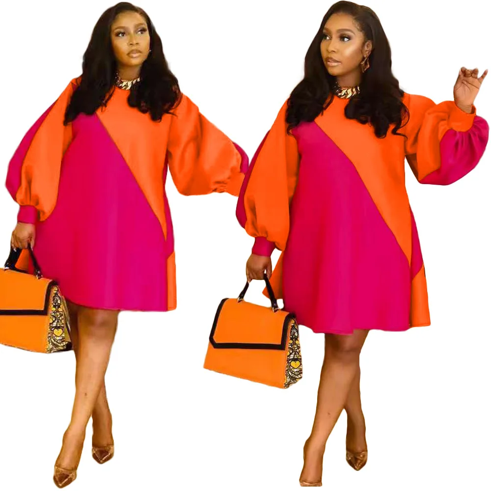 

C0306TA1 New Design Casual Color Block Puff Sleeve Loose Dress Women Sehe Fashion
