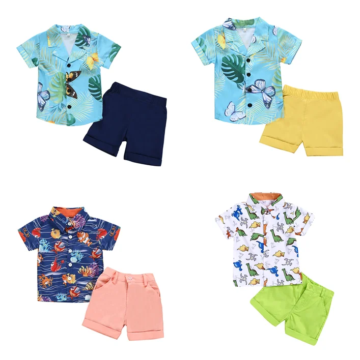 

2020 Summer New hot style boy print short sleeved gentlemen shirt shorts two pieces set kids wear for wholesale, As pic shows, we can according to your request also