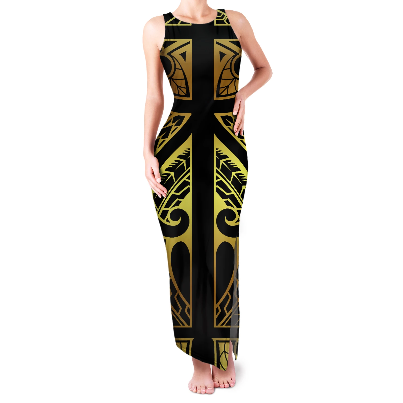 

New Discount Golden black Hawaiian Polynesian Tribal Clothing Women Dresses Elegant Pencil Tank Top Party Slit Bodycon dresses, Customized color