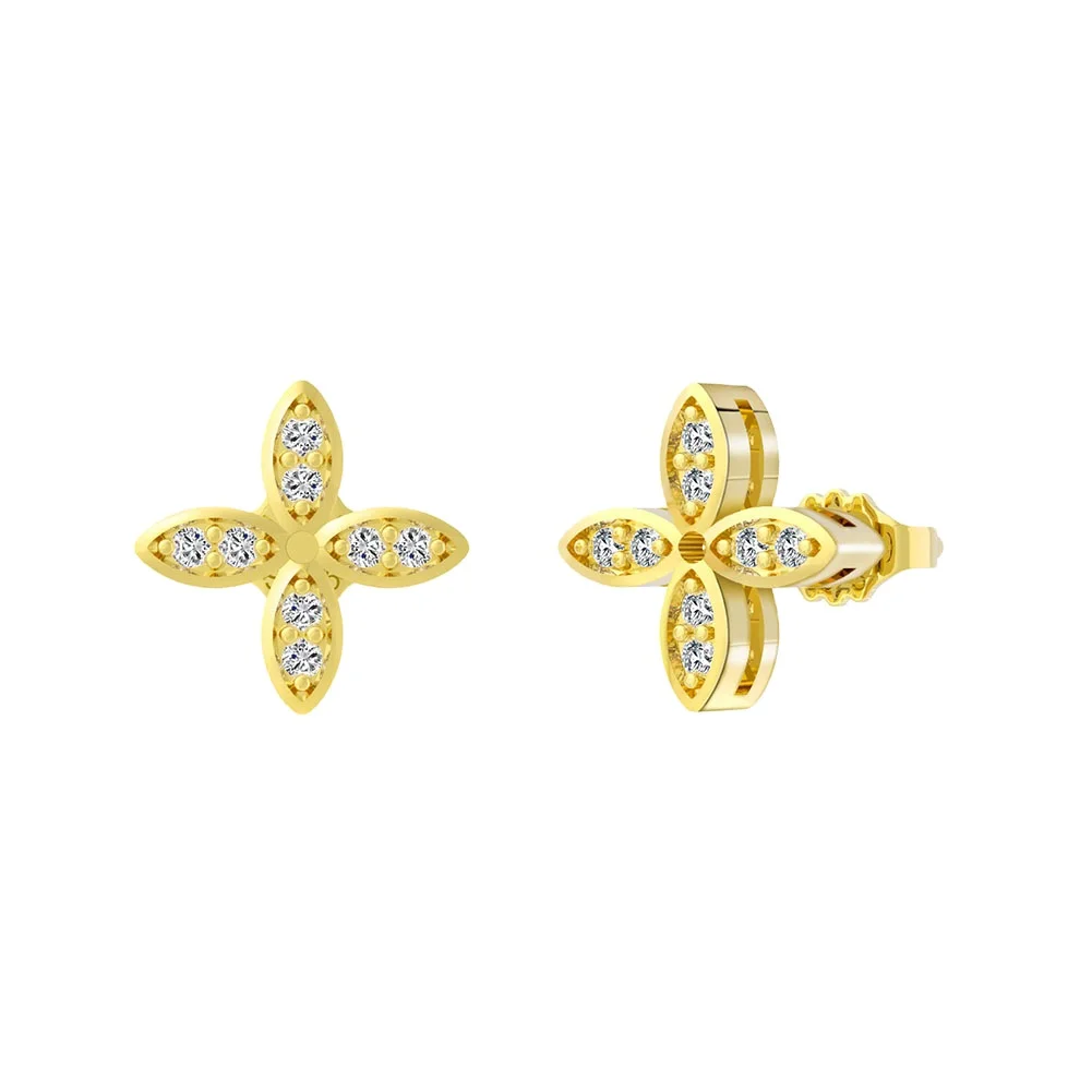 

Jiangyuan 14k gold plated cubic zircon jewelry 925 sterling silver tiny four leaf clover cute stud earrings for women