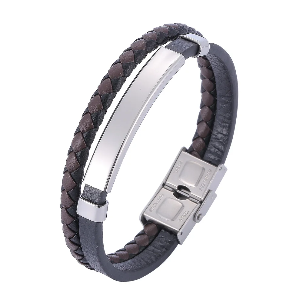 

Made In China Vintage Genuine Leather Bracelet For Men DIY Engrave Stainless Steel Bangle Wholesale Price Fashionable Jewelry