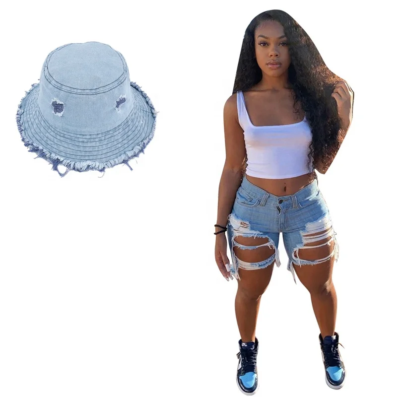 

2021 Hot Selling 2Pcs /Set Frayed Brim Washed Worn Out Denim Bucket Hat and Jeans Casual Short for Women