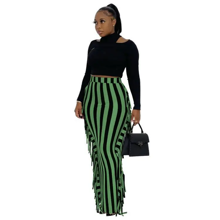 

Autumn and winter women's cute printed striped fringed trousers on both sides half-length skirt