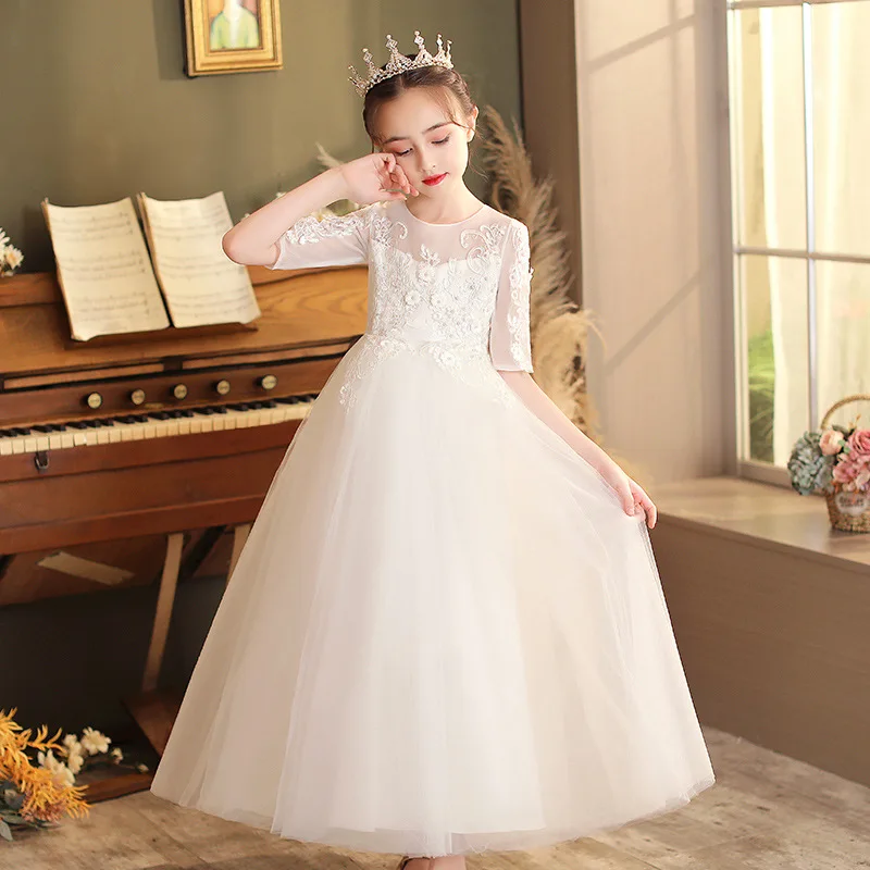 

Hot Sale Short Sleeves Flower Girls Party Dress Princess Wedding Gowns for Girls Long Tail Formal Wear