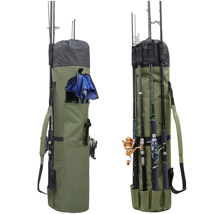 

durable canvas fishing rod bag travel carry case bag fishing organizer bag, Green,black,camo