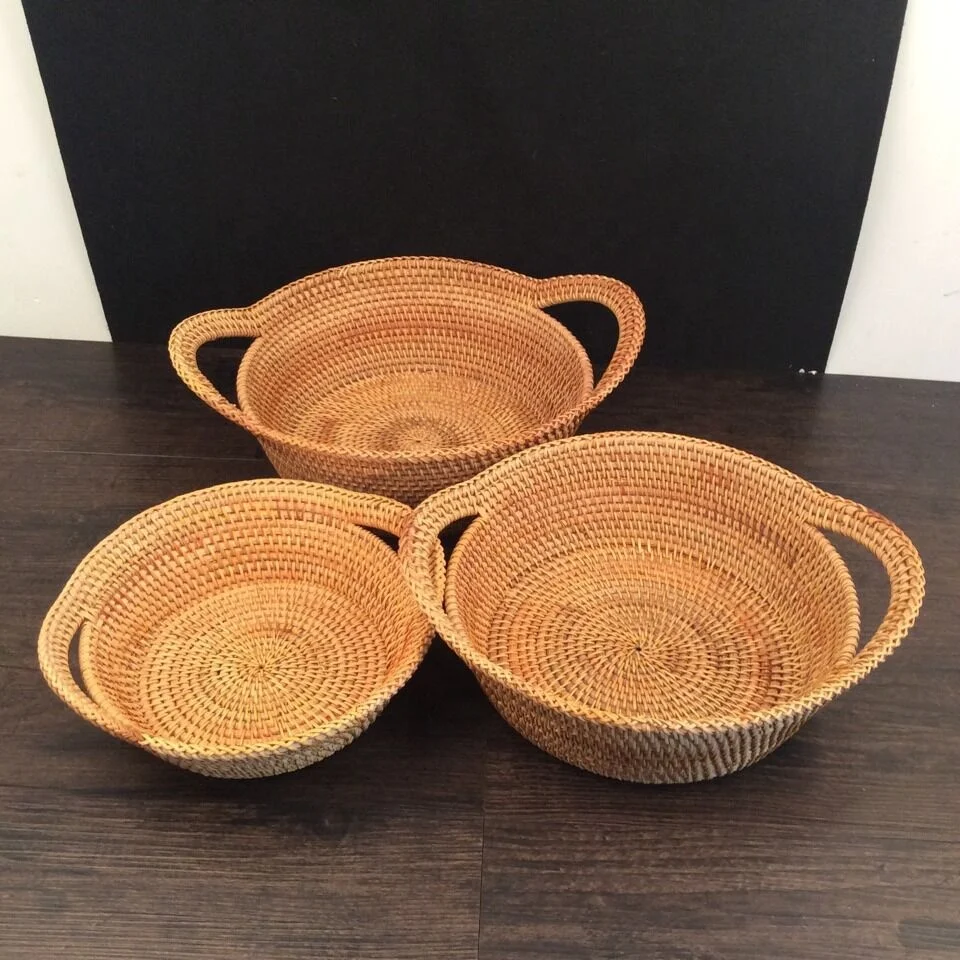 

3PCS/Set Rattan hand woven fruit storage basket round serving wicker tray with handles Bread Cake Pastries basket home Storgae, Natural
