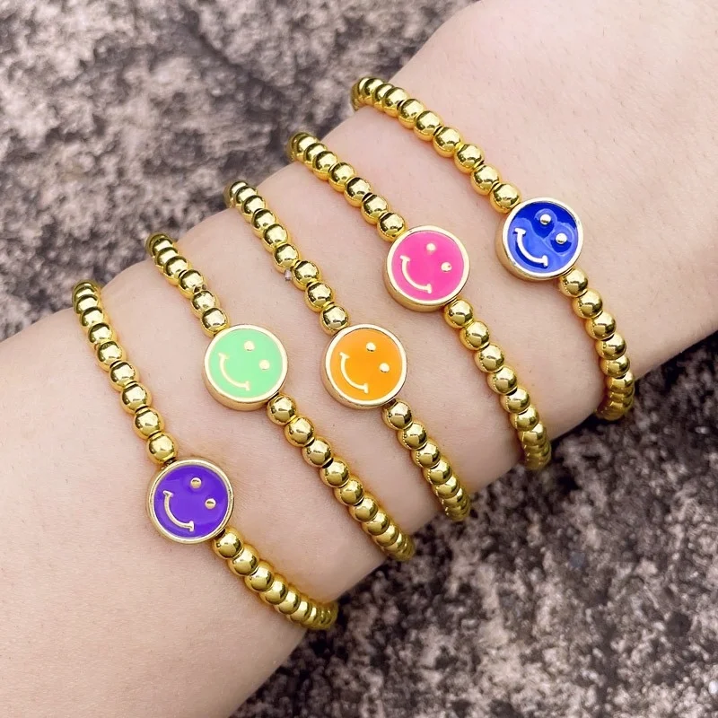 

Fashion Bohemian Jewelry Beaded Enamel Smiley Face Bracelet 18K Gold Plated Metal Brass Trendy Environmental Friendly YF2212