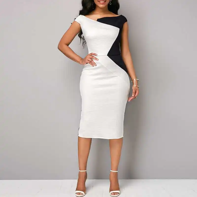 

Wholesale Ladies Fashion Contrast Color Slim Black White Office Dresses Women Formal Dresses, As the picture
