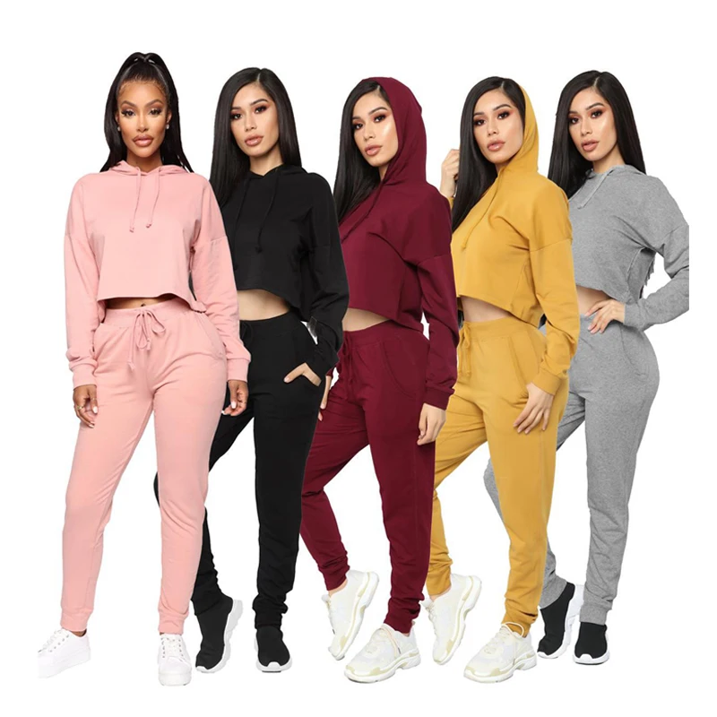 

9038 Autumn Hoodie Long Sleeve Two Piece Set Women Clothing Short Top Tracksuit Joggers Suits Set, Pink, red, black ,gray, yellow