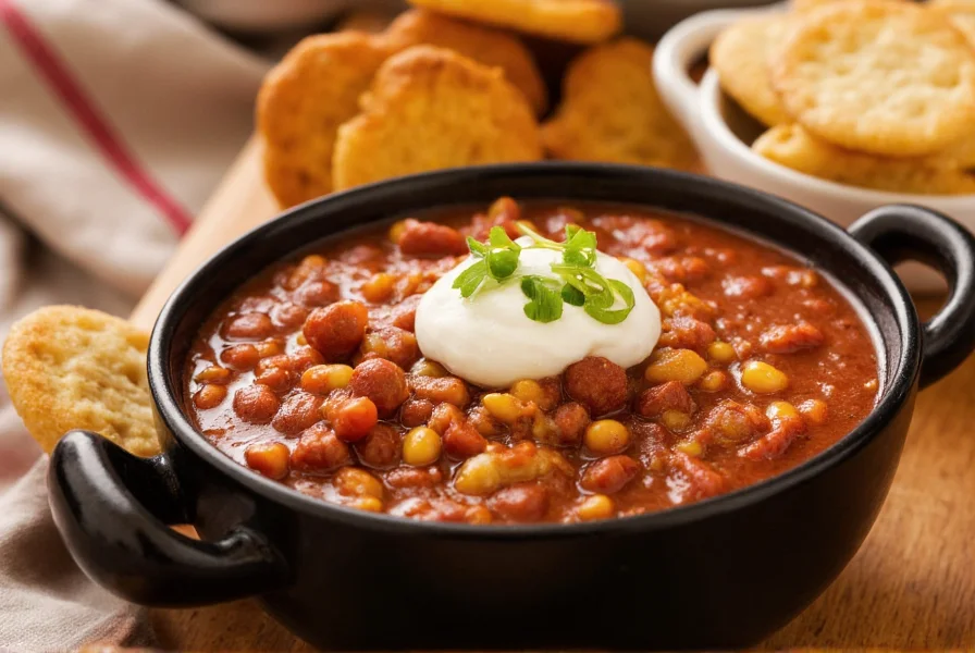 Close-up of authentic Texas bowl o' red chili served with cornbread and crackers