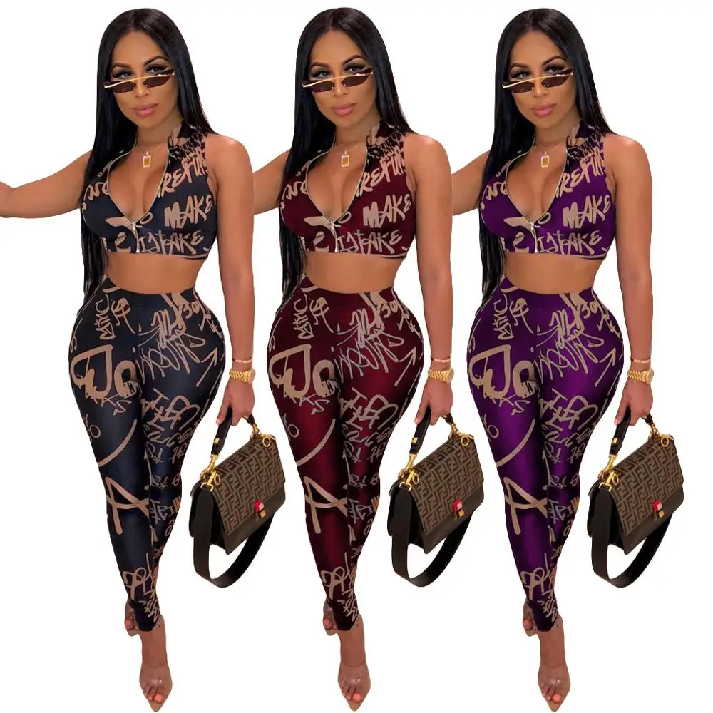 2020 New Arrivals Fashion Women Casual Front Zipper Up Sleeveless Crop Slim Pants 2 Pieces Set Letter Printed Outfits Jumpsuit