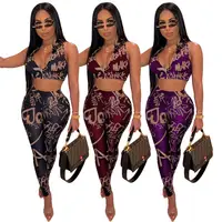 

2020 New Arrivals Fashion Women Casual Front Zipper Up Sleeveless Crop Slim Pants 2 Pieces Set Letter Printed Outfits Jumpsuit