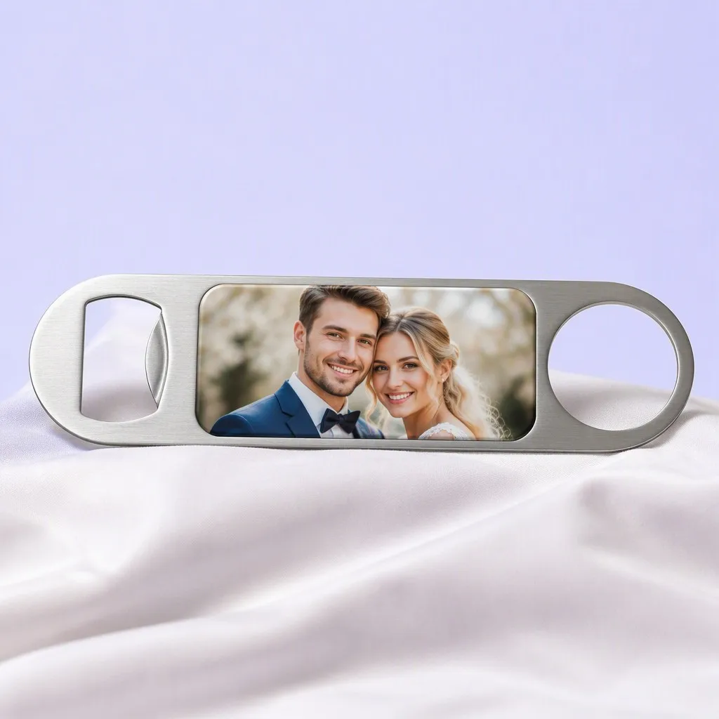 Bottle opener with a printed wedding photo