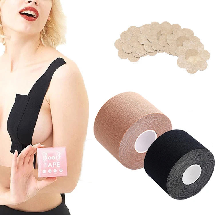 

Wholesale Women Sticky Fabric Boob Tape Heavy Breast Lift Breathable Roll Boob Tape with Nipple Cover Pasties with box, Skin/ black/white