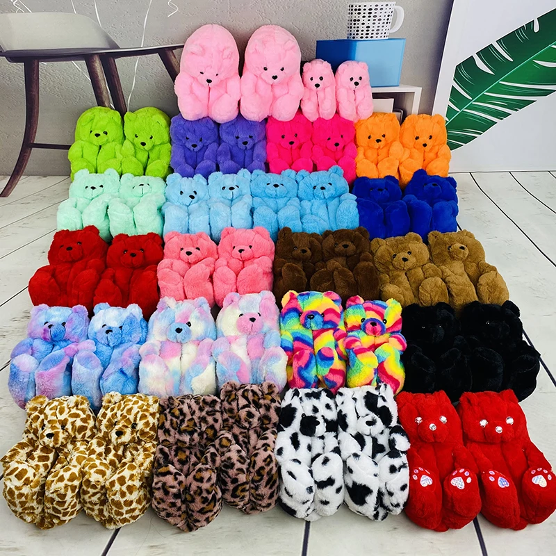 

Winter kids 17/21cm Fur House toddler Fluffy Furry Plush slides Lady Luminous Shoes Autumn women Indoor Teddy Bear Slippers, Picture colors