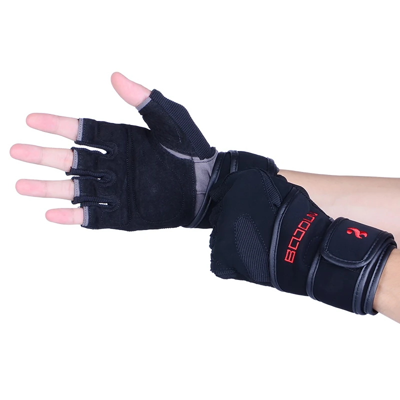 

Boodun Fashion Best selling weight lifting athletic works fingerless fitness bodybuilding gym gloves with wrist wraps, Black