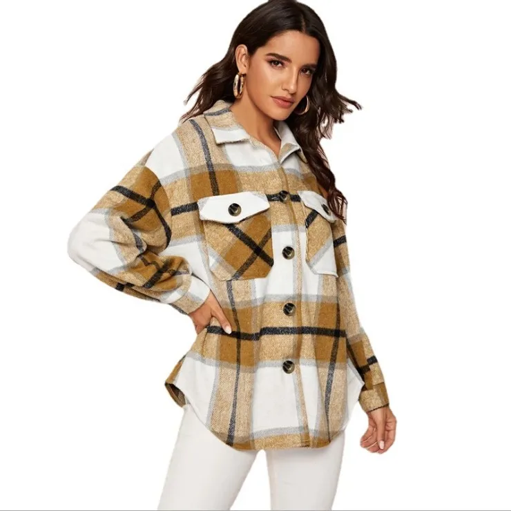 

New Fashionable Autumn and Winter Women's Turn-down Collar Loose Casual Plaid Shirts, Red khaki pink