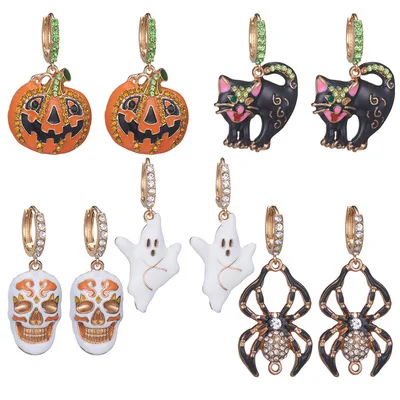 

2021 New Arrivals Designer Hot Selling Good Quality Hallowmas Skull Spider Small Black Cat Pumpkin Earrings Wholesale