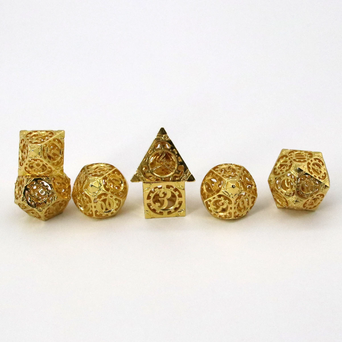 

High quality handcrafted gear design hollow polyhedral metal dice sets for DND rpg table games, Colorful