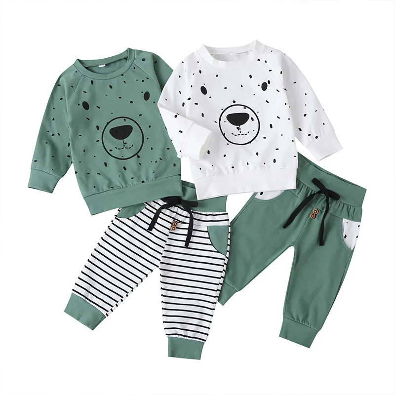 

2020 new children hoodie dot bear two pieces long sleeved tshirt casual suit baby boys clothing sets for wholesale, As pic shows, we can according to your request also