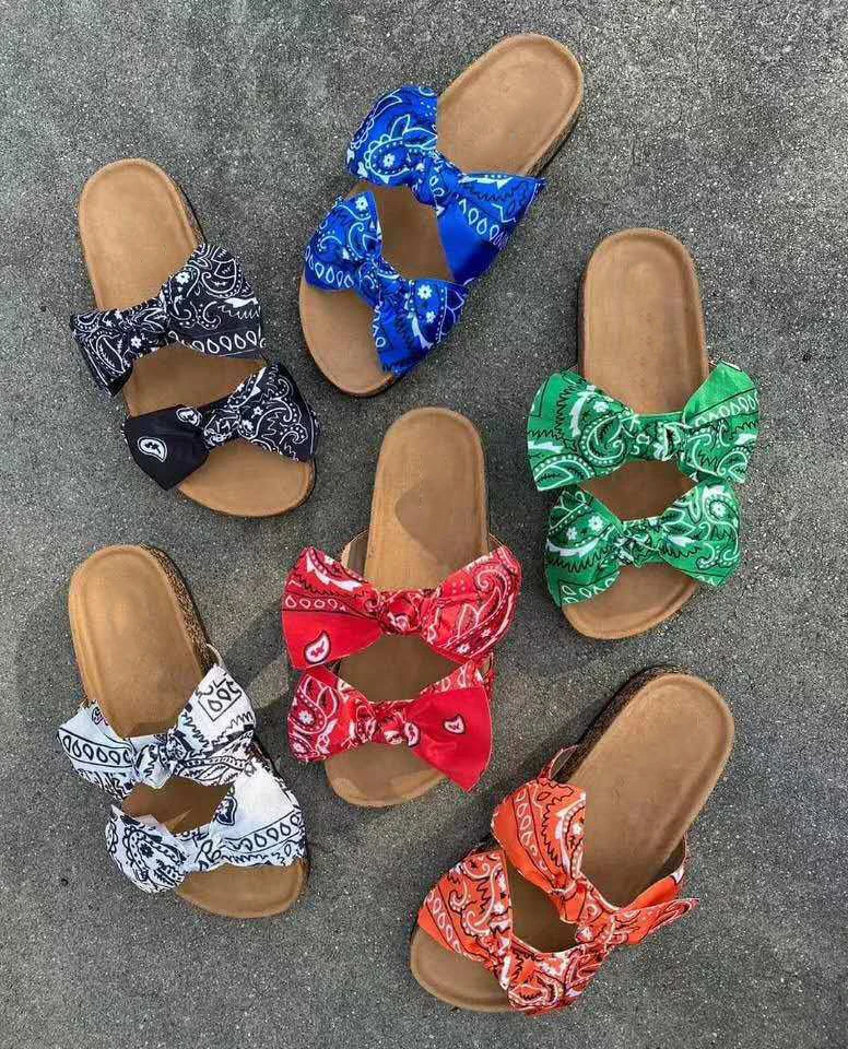 

Fast shipping women summer bandana sandals silk butterfly knot slippers outside beach fashion colorful slide slipppers