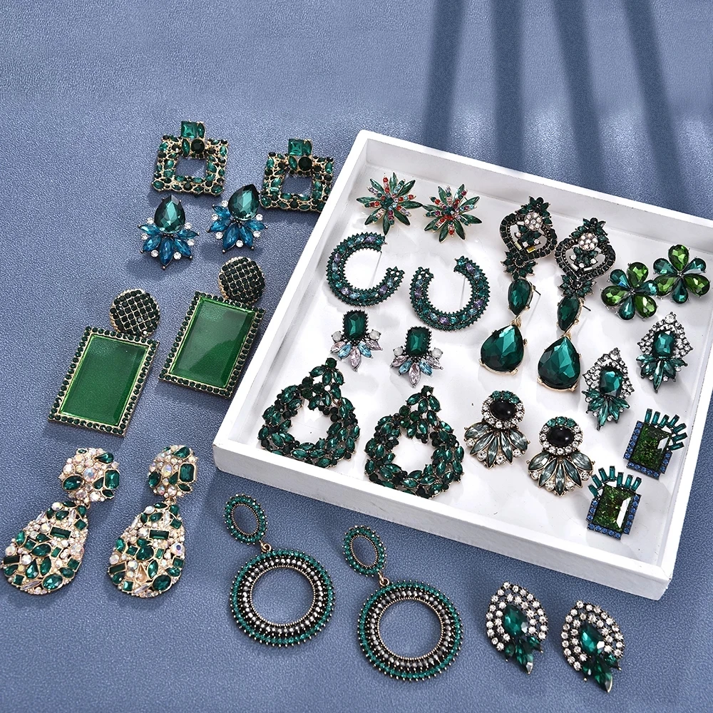 

Kaimei Vintage Jewelry Accessories For Women Za Earrings New Green Color Crystal/Rhinestone Long Geometric Pendant Drop Earrings, Many colors fyi