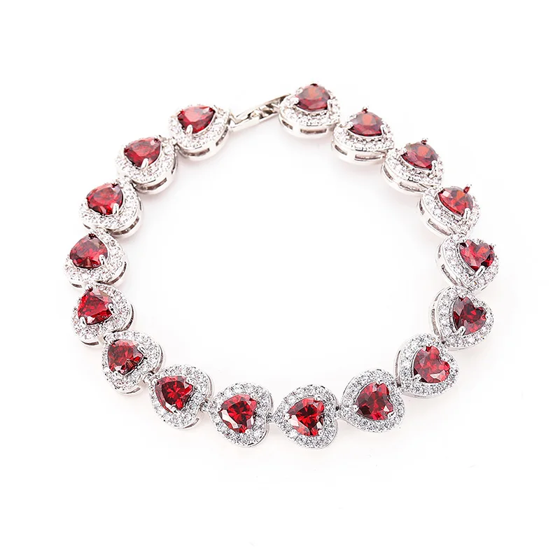 

Luxury Valentine's Day Women Jewelry Red Color Ruby CZ Diamond Cubic zironia Tennis Heart Bracelet